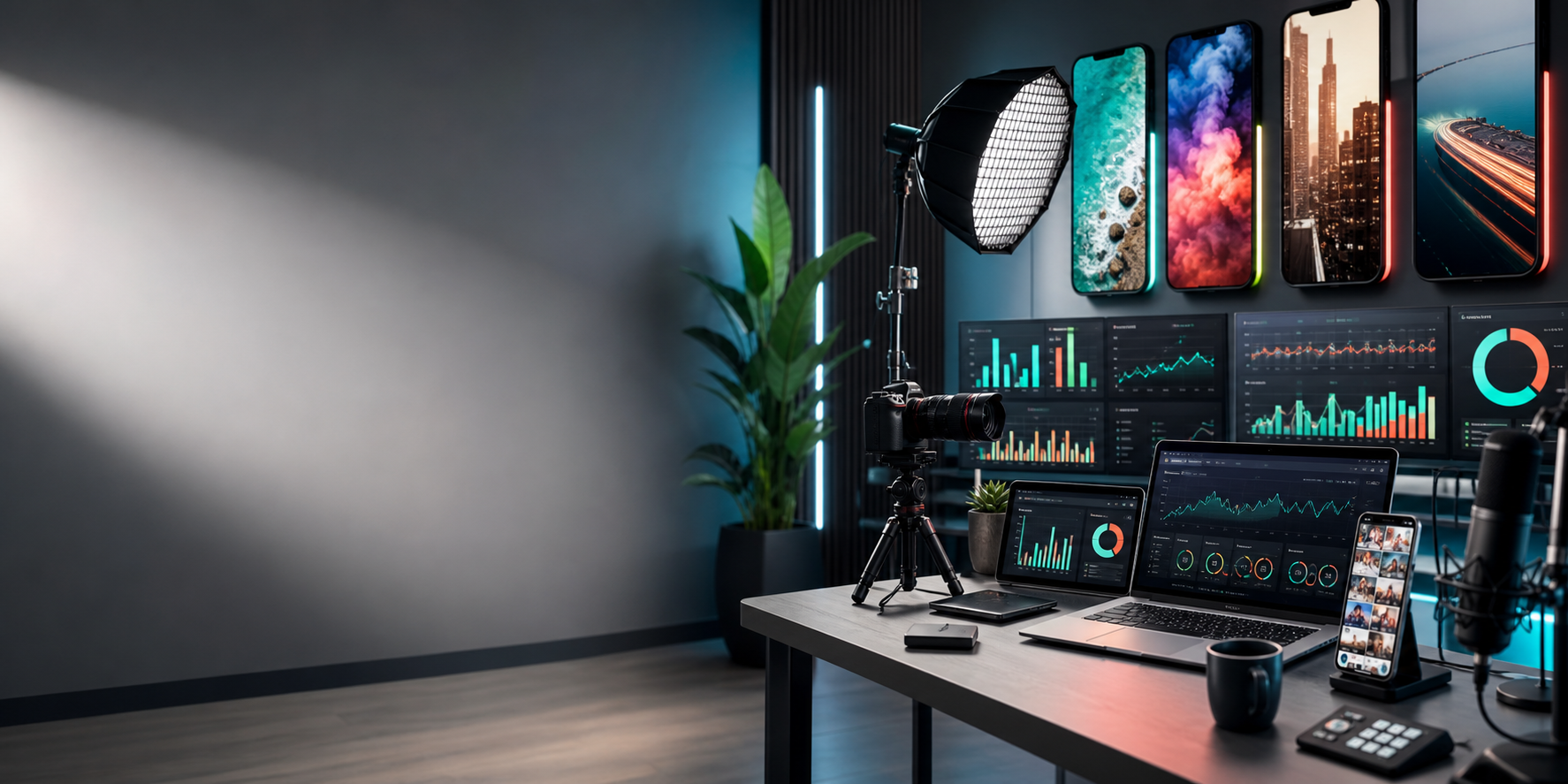 Modern creator studio with content screens and analytics displays